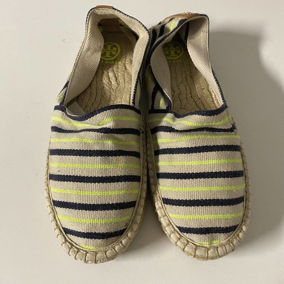 Tory Burch Multicolor Striped Canvas Espadrilles Flat Neon Green Navy 8 - Picture 3 of 7